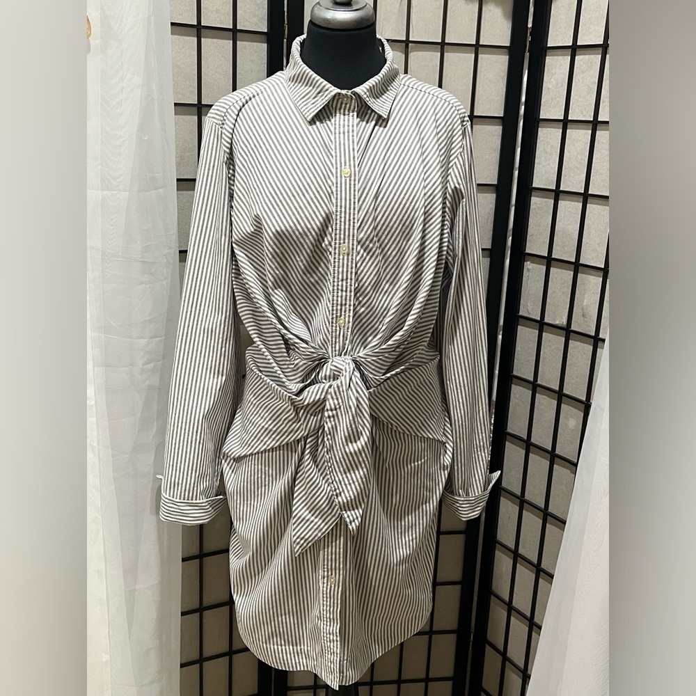 Norma Kamali GRAY Striped TWIST FRONT SHIRT DRESS WOMEN SIZE XL - Picture 6 of 11